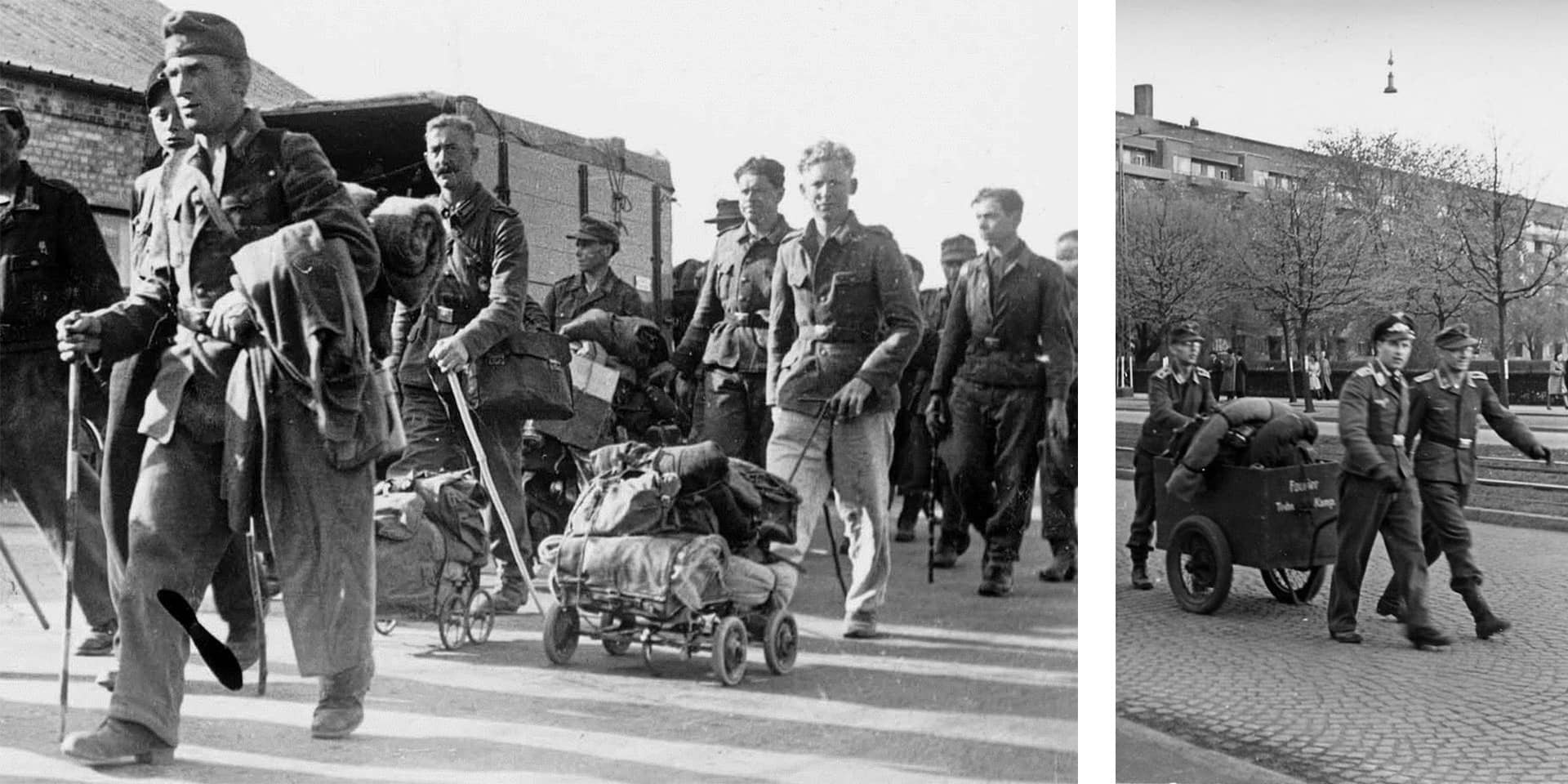Billede af tyske soldater gående på vej hjem til Tyskland efter krigen i 1945.