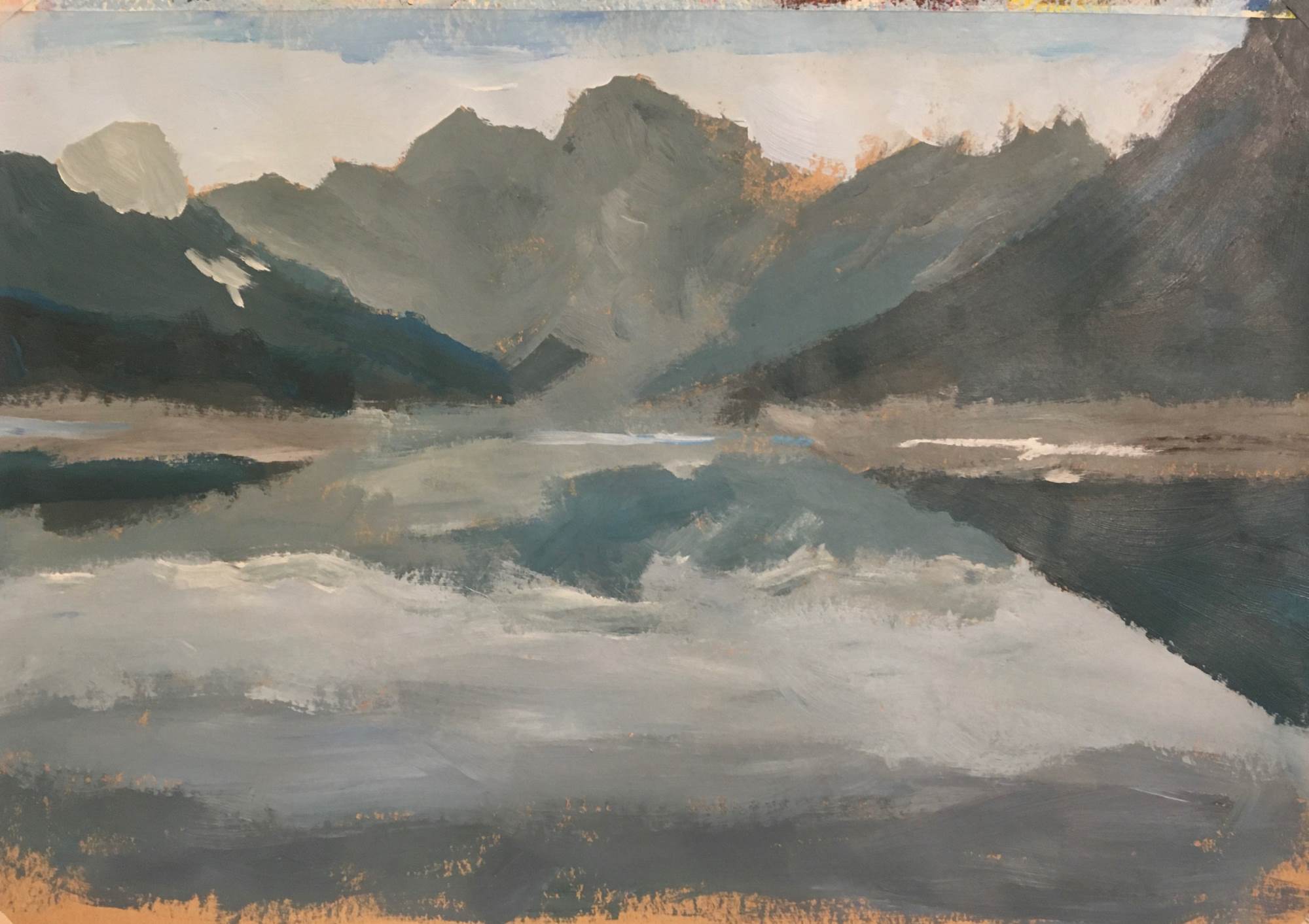 maleri af et landskab med bjerge