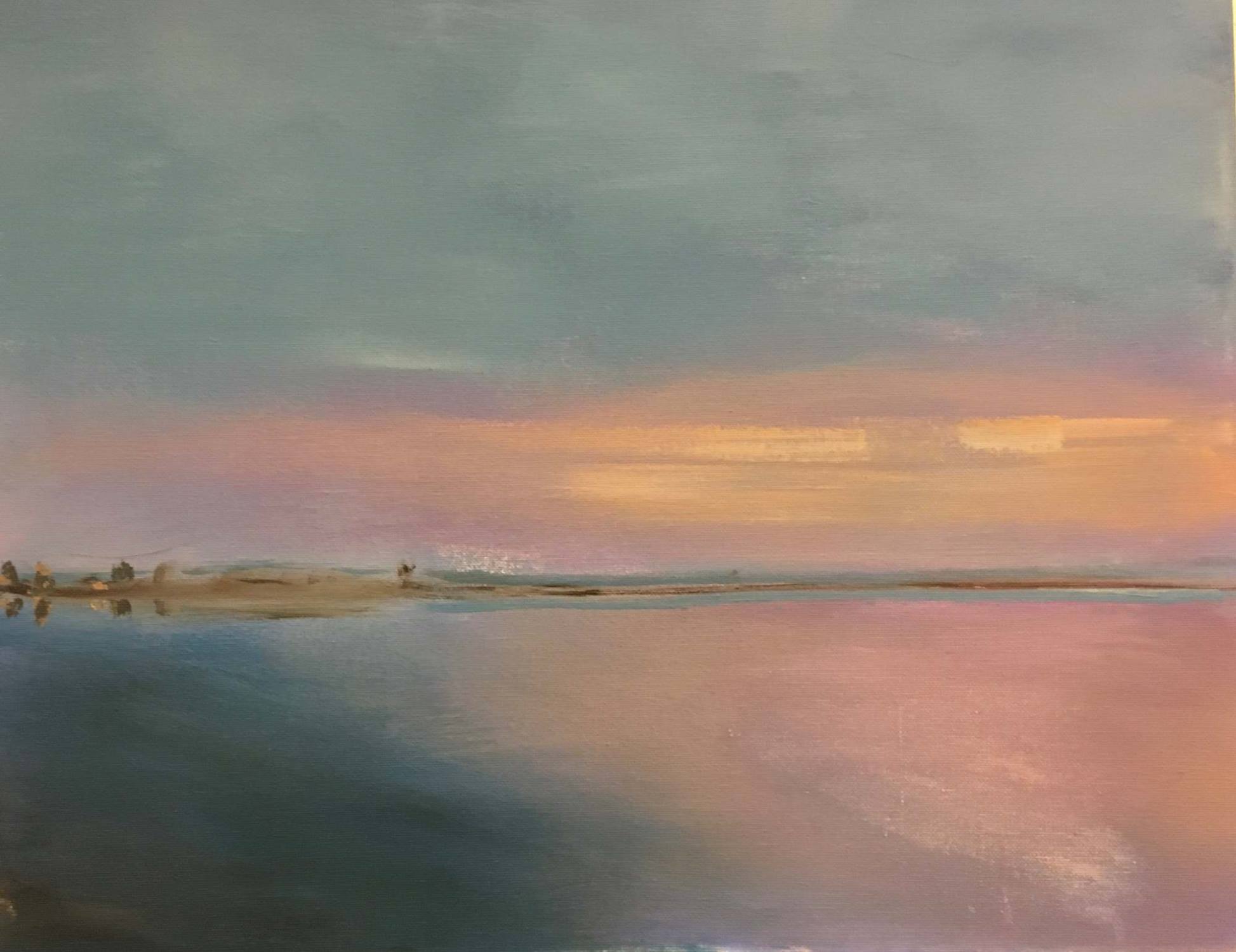Maleri af en smuk solnedgang over vand