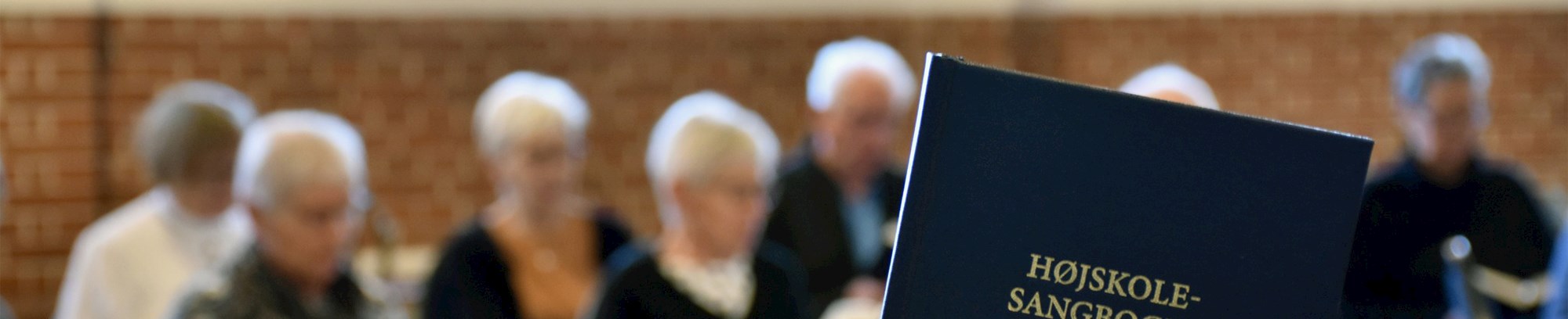 Højskolesangbogen i Emanuel i Skærbæk - med syngende personer i baggrunden