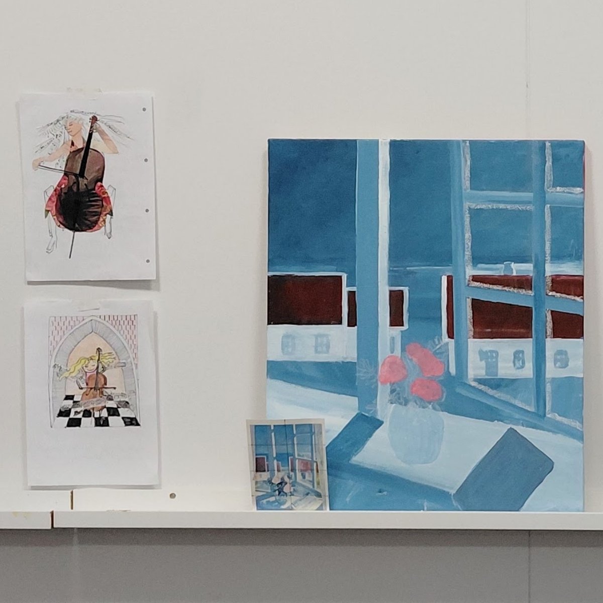 Malerier fra kurset "Maleværksted og kunstforståelse" med underviser Bente Bo i FOF Aarhus